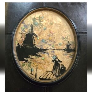 Vintage MCM Mary Fisher 1930s Milkweed Hand Painted Silhouette Oval Artwork